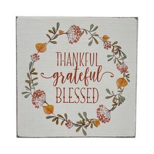 Thankful Grateful Blessed Whitewashed Distressed Wood Sign Quill to Paper NWT